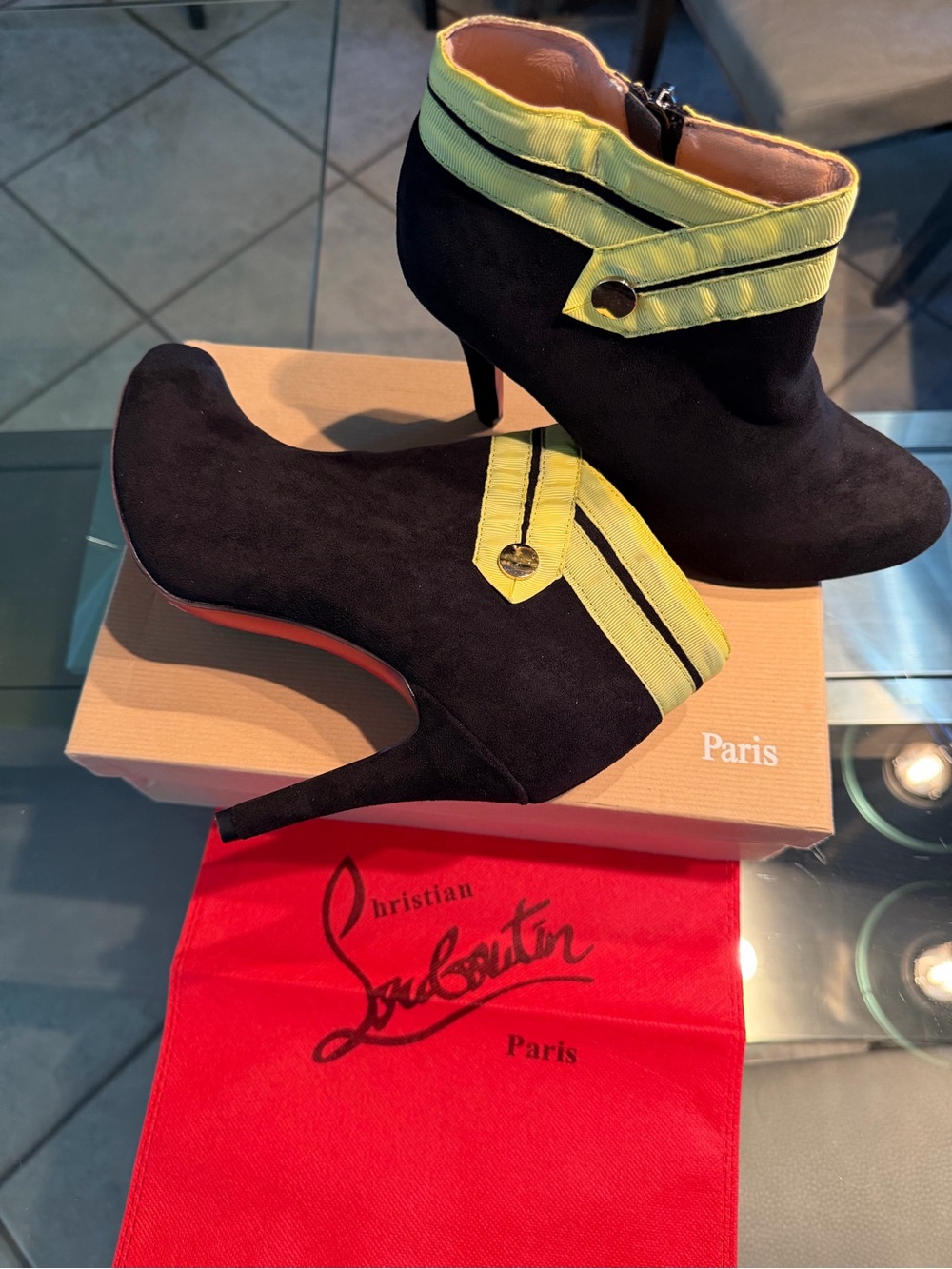 Christian Louboutin Black Suede Ankle Boots with Yellow Trim